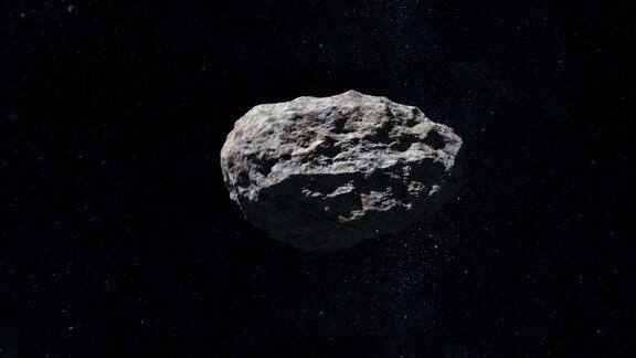小行星在太空中飞行和旋转照相机在小行星的轨道上旋转星空4k星星闪烁3d渲染