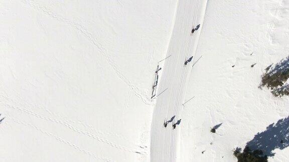 在一个阳光明媚的冬日科罗拉多州一组四名成年人在雪道上越野滑雪
