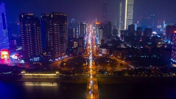 夜光长沙市中心市中心滨江交通大桥道路航拍时间全景4k中国