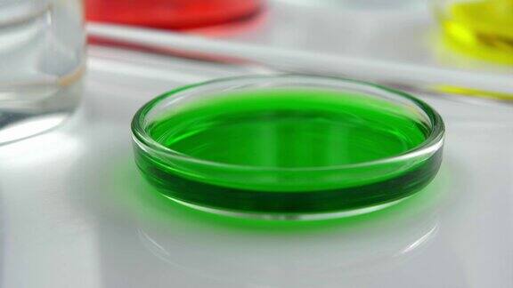 在实验室将绿色液体从试管倒入玻璃培养皿中