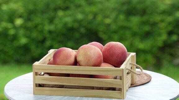 在模糊的绿色背景上的新鲜桃子切片桃果在木篮子在花园木桌上