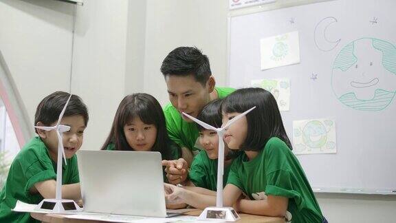 在小学课堂上信息生态教师使用笔记本电脑给小学生上关于废物回收的课