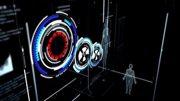 4K3D动画用户界面HUD移动在黑暗的背景与纹理处理的未来概念