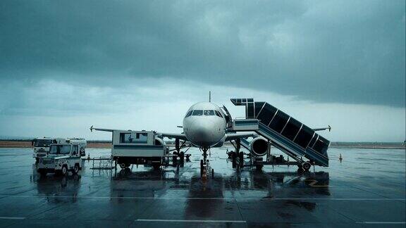雨天在机场停机坪上等待的客机