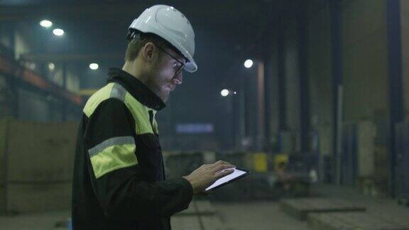 戴安全帽的工程师正带着一台平板电脑穿过一家重工业工厂