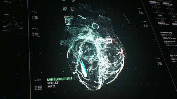 动画的用户界面HUD与身体分析和心脏移动在黑暗的背景与谷物处理的未来概念