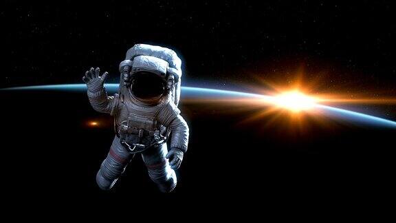 宇航员在黎明时分向外太空挥手