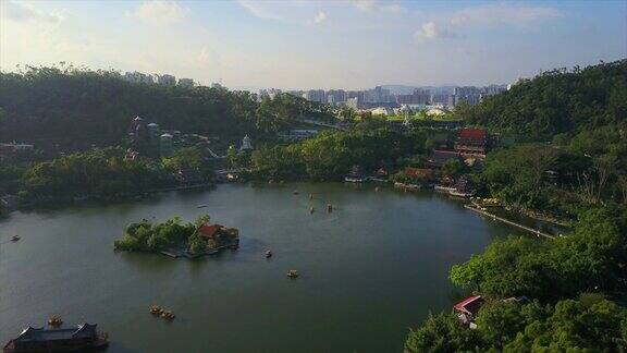 晴天珠海著名的新暖明公园湖泊航拍全景4k中国