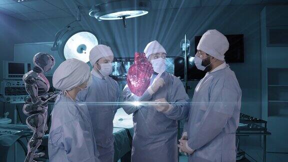 真人组医生通过高科技投影射线虚拟现实检查心脏状况