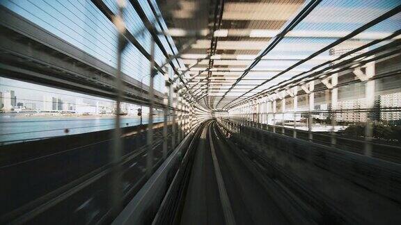 [第56部分]日本东京由里河线自动列车向前通过彩虹桥到台场先进的交通系统亚洲旅游交通技术理念
