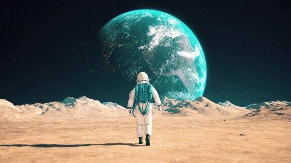 勇敢的宇航员在外星球慢动作行走美丽的天空