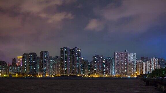 中国夜照亮珠海湾澳门城市景观海岸线全景4k时间