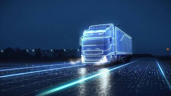 未来技术概念:带货运拖车的自动半挂车在夜间行驶传感器扫描周围环境自动驾驶卡车数字化高速公路的特殊效果
