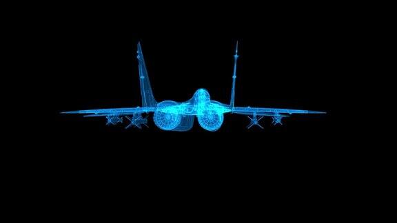 军用飞机3d线框图细蓝线航空未来全息图的黑色背景循环动画