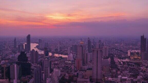 日落到夜晚时间流逝曼谷城市景观和湄南河