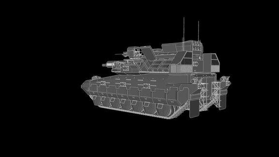 在黑色背景上旋转的火炮坦克的360度视图电脑动画循环3d渲染