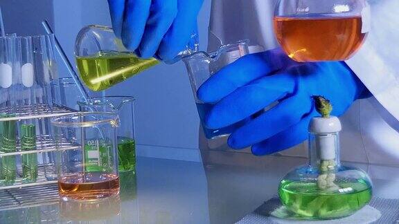 科学家持有烧瓶内的化学液体与实验室玻璃器皿和试管在化学实验室的背景科学实验室研究和发展