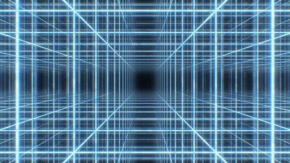 复古80年代霓虹光线框网格立方体阵列合成波3D隧道-4K无缝循环运动背景动画