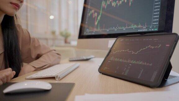 专注于摆放在办公桌上的电脑屏幕和数字平板电脑显示股市走势图两名金融商人在办公室分析数据和股票图表以进行投资创意团队合作交易员