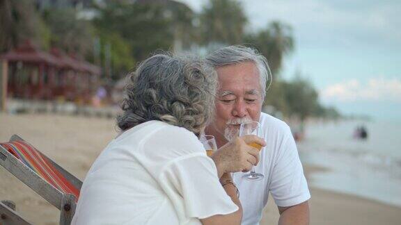 一对成熟的情侣在海滩上喝酒慢镜头