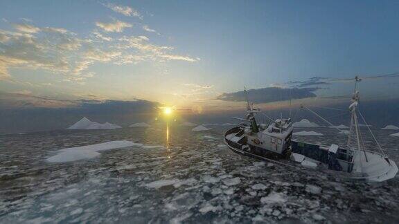 在美丽的日出下渔船被困在北极冰中无人机拍摄4K