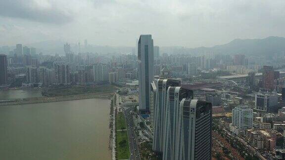 阳光明媚的日子珠海城著名的澳门湾全景鸟瞰图4k中国