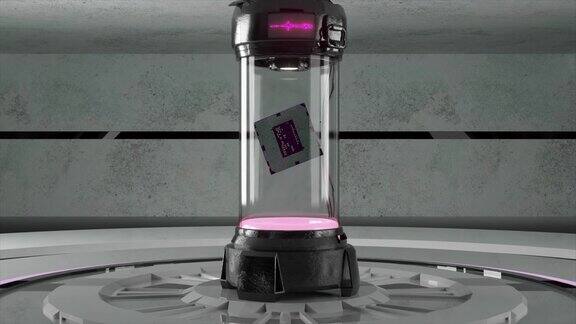 纳米技术和人工智能一个微芯片在一个密封的玻璃烧瓶里盘旋黑色、粉红色的霓虹灯特写镜头