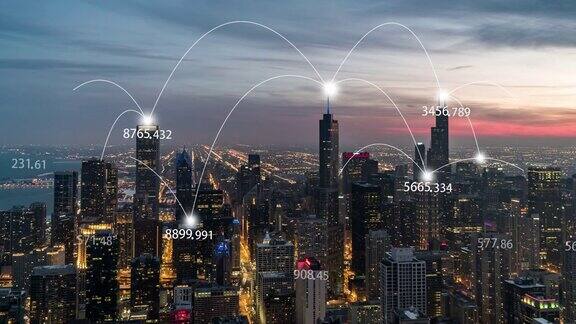 TD鸟瞰图芝加哥城市和5G网络概念日落到夜晚过渡