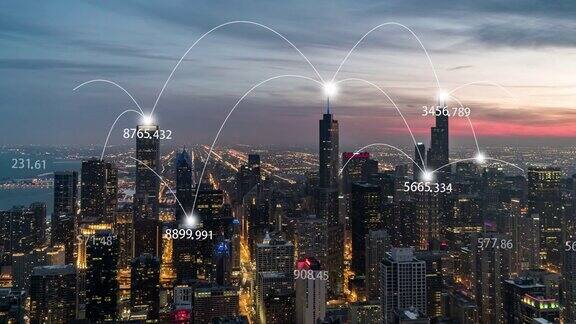 TD鸟瞰图芝加哥城市和5G网络概念