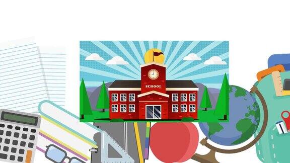 数字动画的学校建筑图标与多个学校概念图标在白色背景