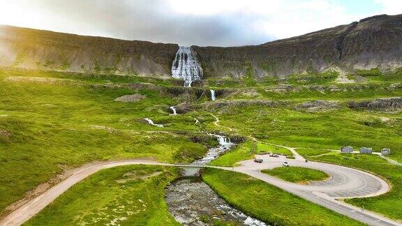4k鸟瞰冰岛美丽的Dynjandi瀑布