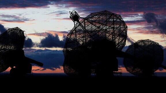射电望远镜瞄准天空在彩色日落天空的特写