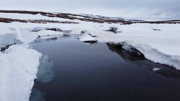 冰岛下雪天无人机拍摄到一条部分结冰的河流