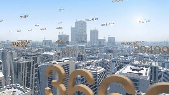 鸟瞰图的未来城市与摩天大楼和数字