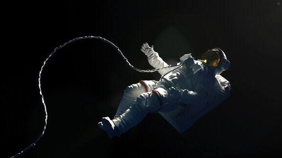 在黑色背景的白色宇航服上盘旋的宇航员与复制空间