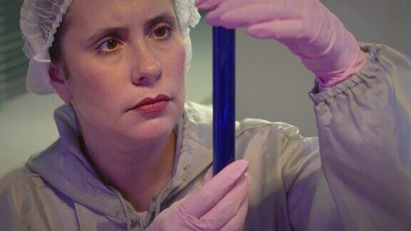 女化学家看着装有蓝色液体的玻璃试管