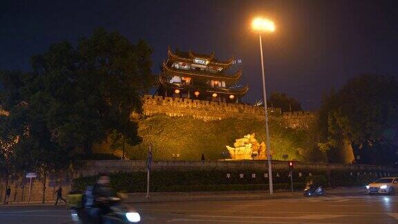 夜间长沙市区交通街道古塔建筑山顶全景4k中国