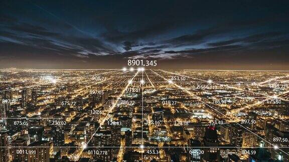 芝加哥城市和5G网络夜间概念