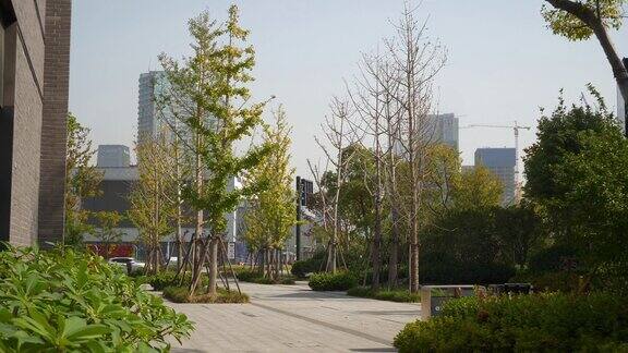 阳光明媚的一天杭州城市现代滨江镇公园慢镜头全景4k中国