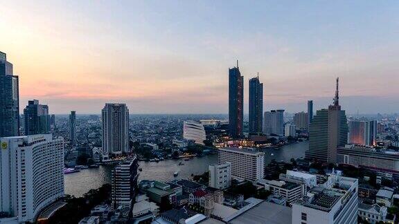 曼谷湄南河地标建筑的城市景观延时展示层