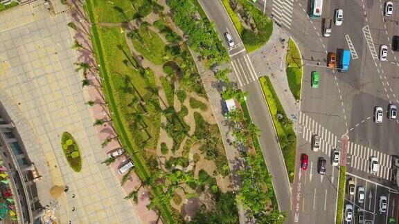 晴天珠海城市广场交通道路高空俯视4k中国
