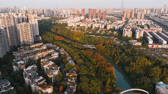 鸟瞰美丽的成都在秋日阳光明媚的森林公园滨江中国城市景观