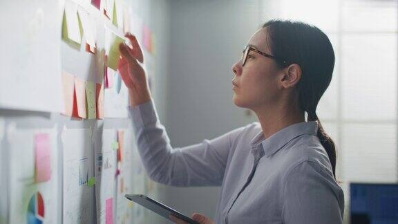 一位亚洲女商人一边用平板电脑思考办公室墙上的笔记