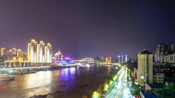 从河边看重庆的夜景和间隔拍摄