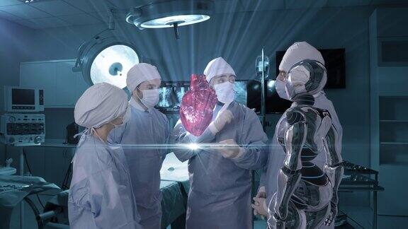 真人医生小组通过高科技投影射线虚拟现实检查心脏状况机器人医生站在旁边倾听