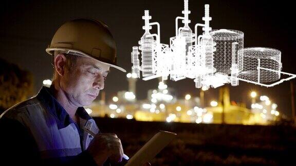 白人石油化工工程师工作利用平板电脑或手机在空中展示炼油厂的运动图形