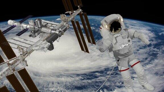 宇航员太空行走在空地上挥手国际空间站围绕地球大气层旋转飓风在后面3d动画
