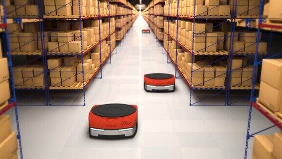 自动化仓库中的自动机器人移动带纸板箱的货架无缝循环自动化仓库的未来概念逼真的高质量3d渲染动画