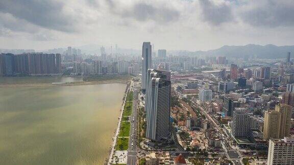 晴天珠海市海湾现代酒店综合澳门海岸线航拍全景4k时间推移中国