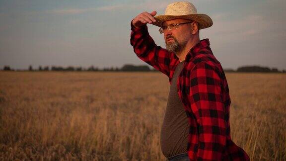 一个农民在检查麦田肖像男农学家夕阳下的有机智能农业产业